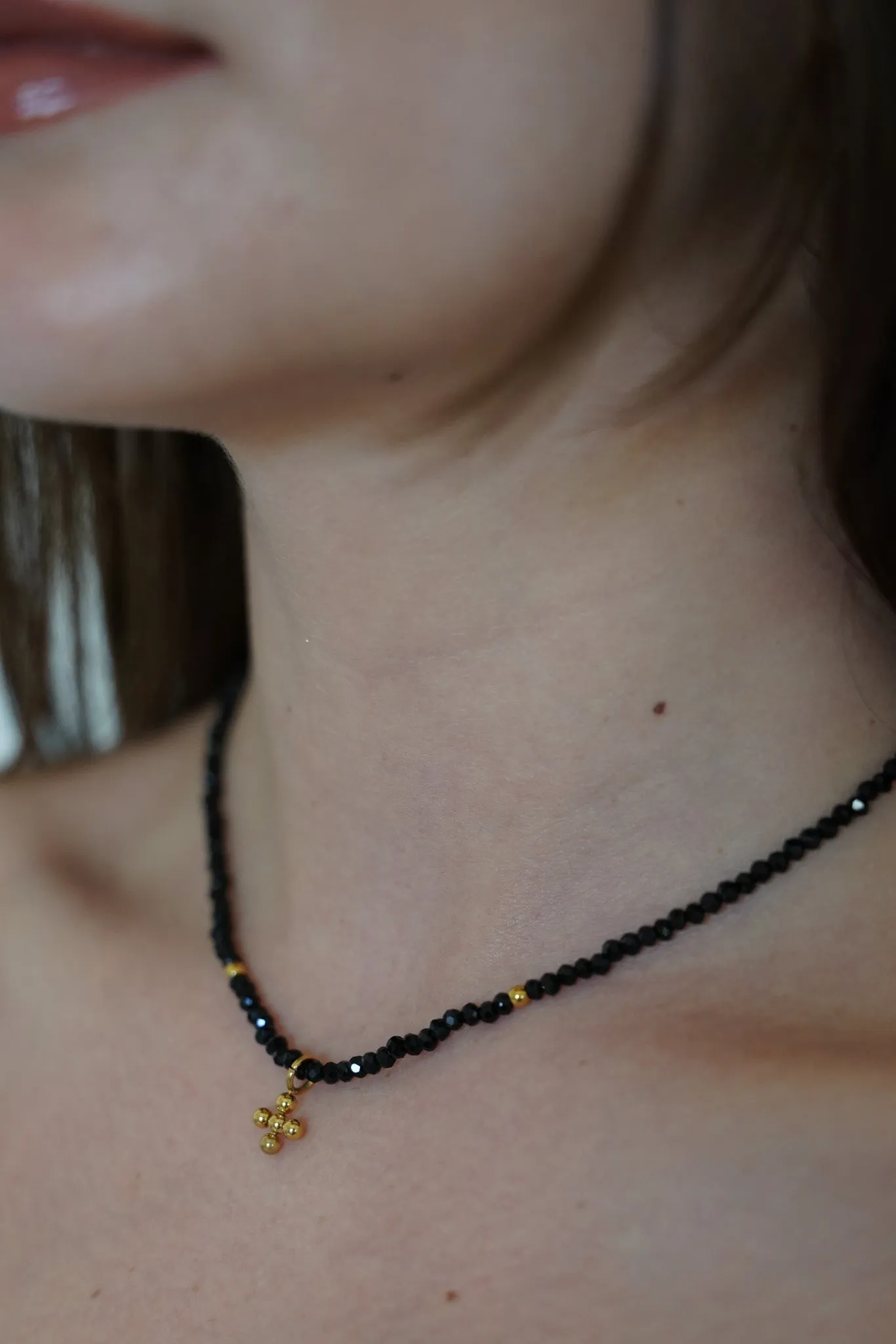 Black Beaded Cross Necklace
