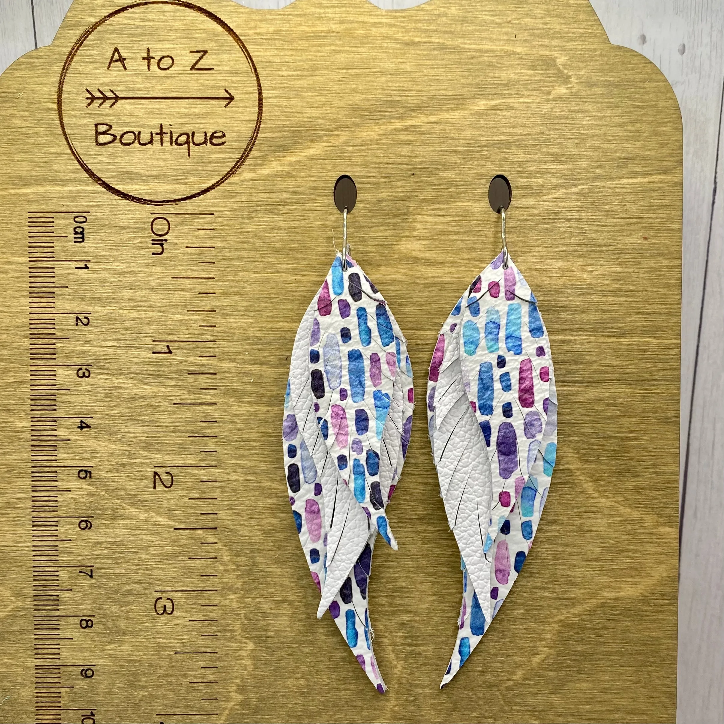 Blue and Purple Watercolor Genuine Leather Feather Earrings