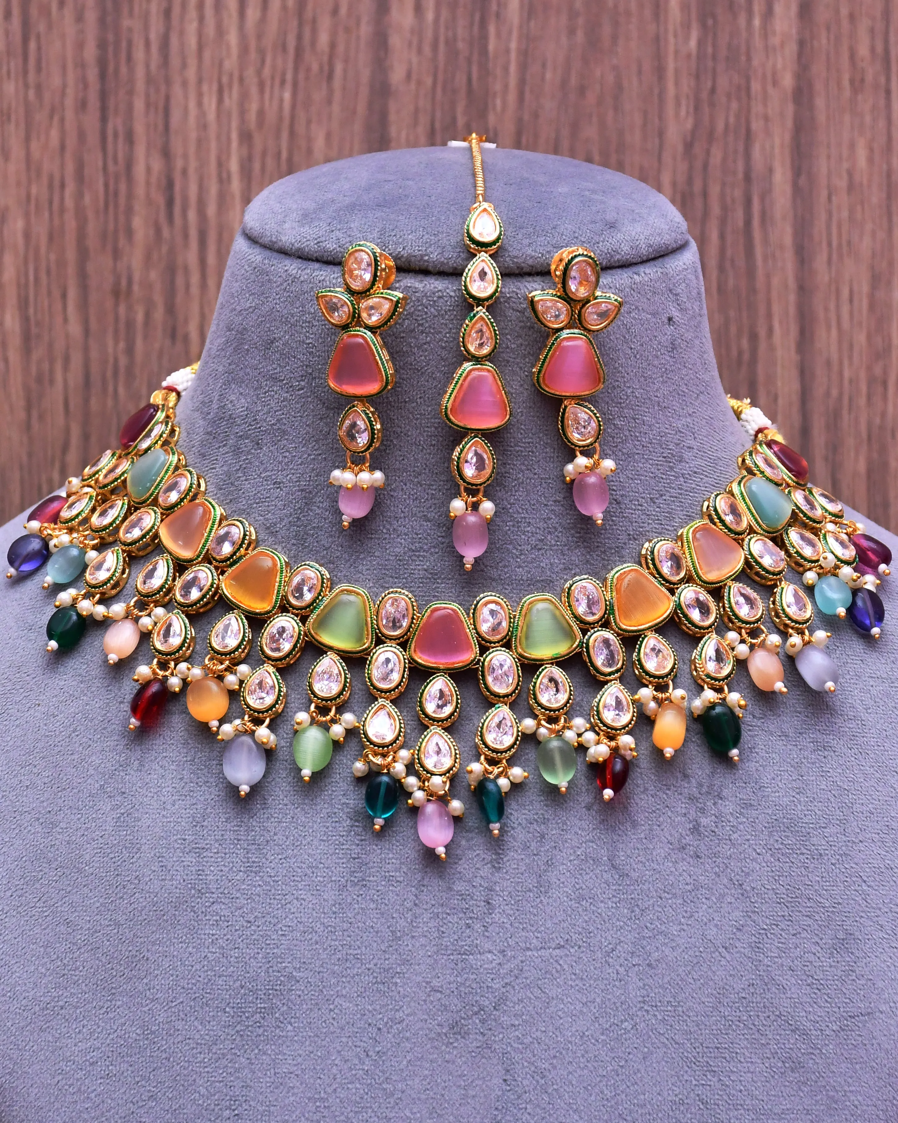 Designer Gold Plated Royal Kundan Multi Color Necklace & Earrings (D633)