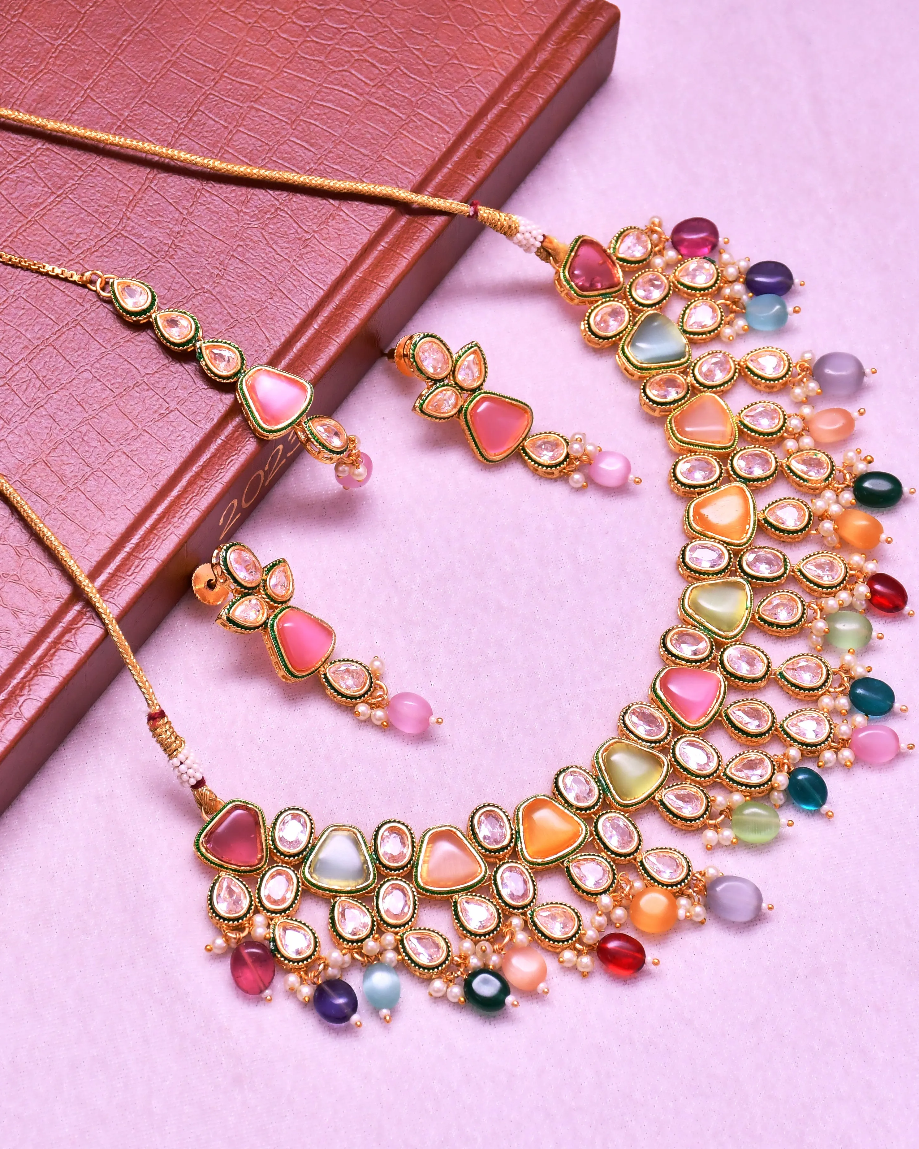 Designer Gold Plated Royal Kundan Multi Color Necklace & Earrings (D633)
