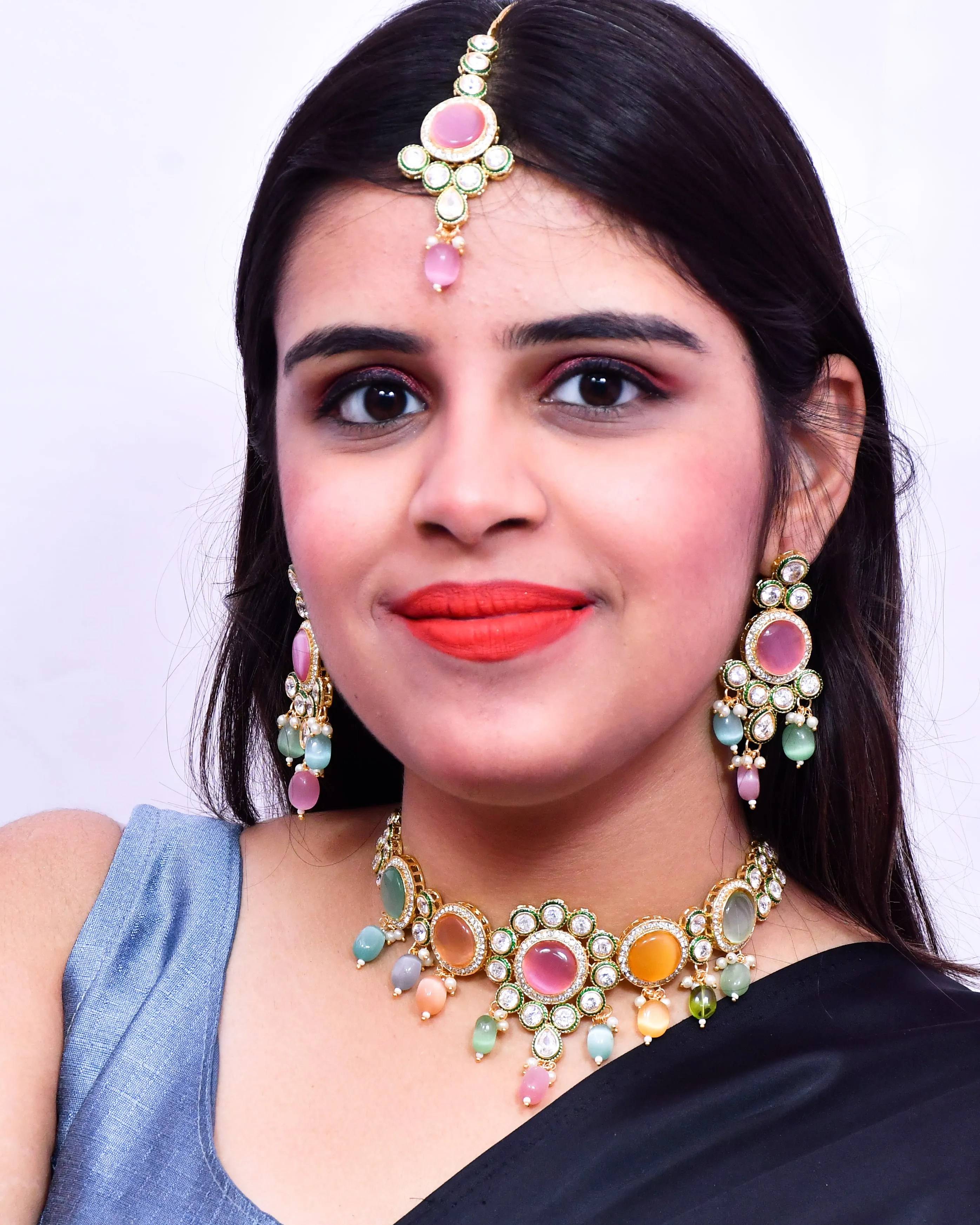 Designer Gold Plated Royal Kundan Multi Color Necklace & Earrings (D637)