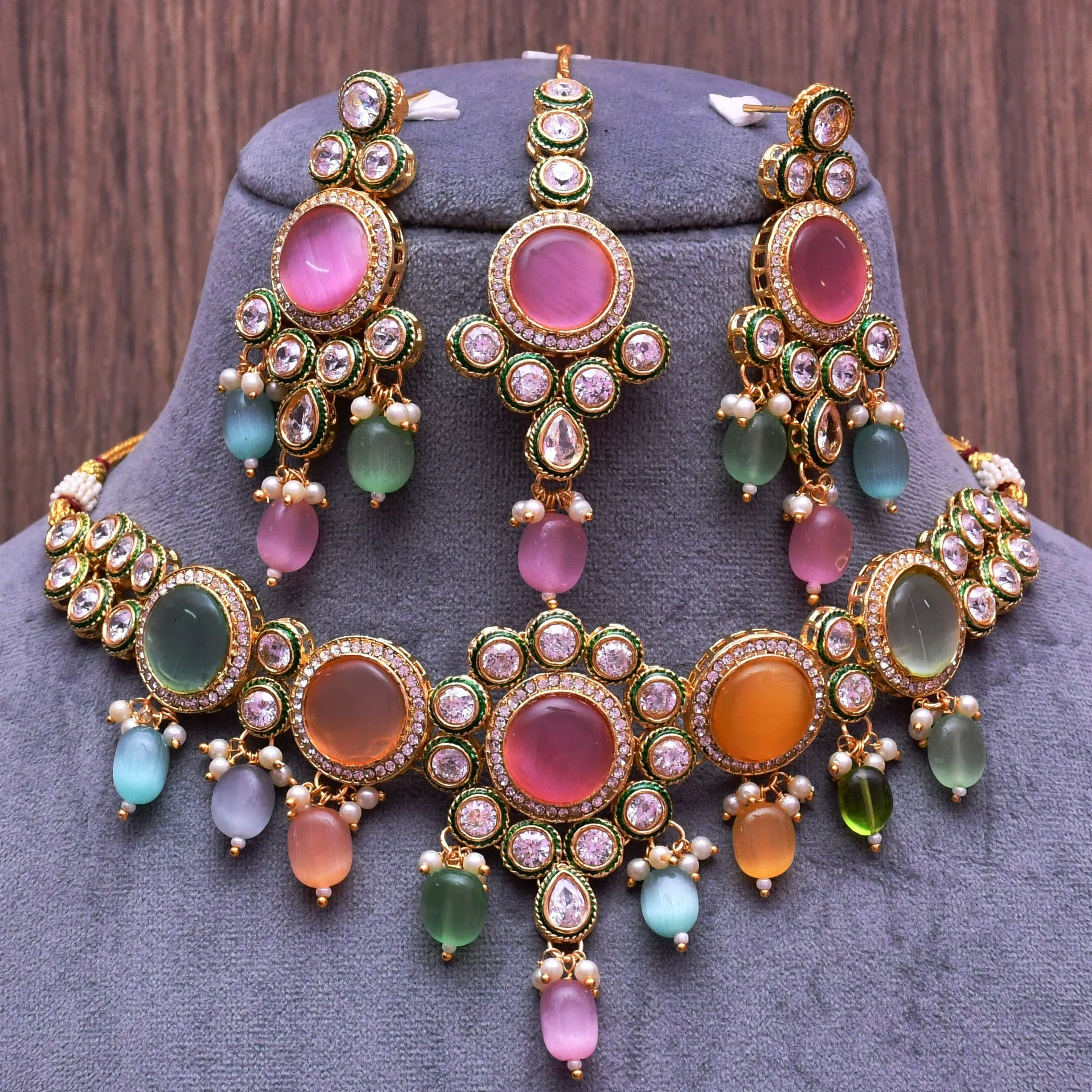 Designer Gold Plated Royal Kundan Multi Color Necklace & Earrings (D637)