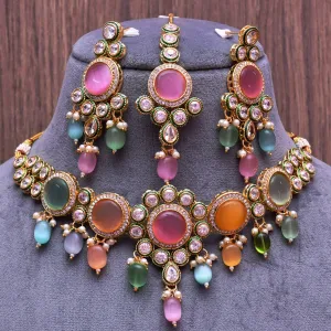 Designer Gold Plated Royal Kundan Multi Color Necklace & Earrings (D637)