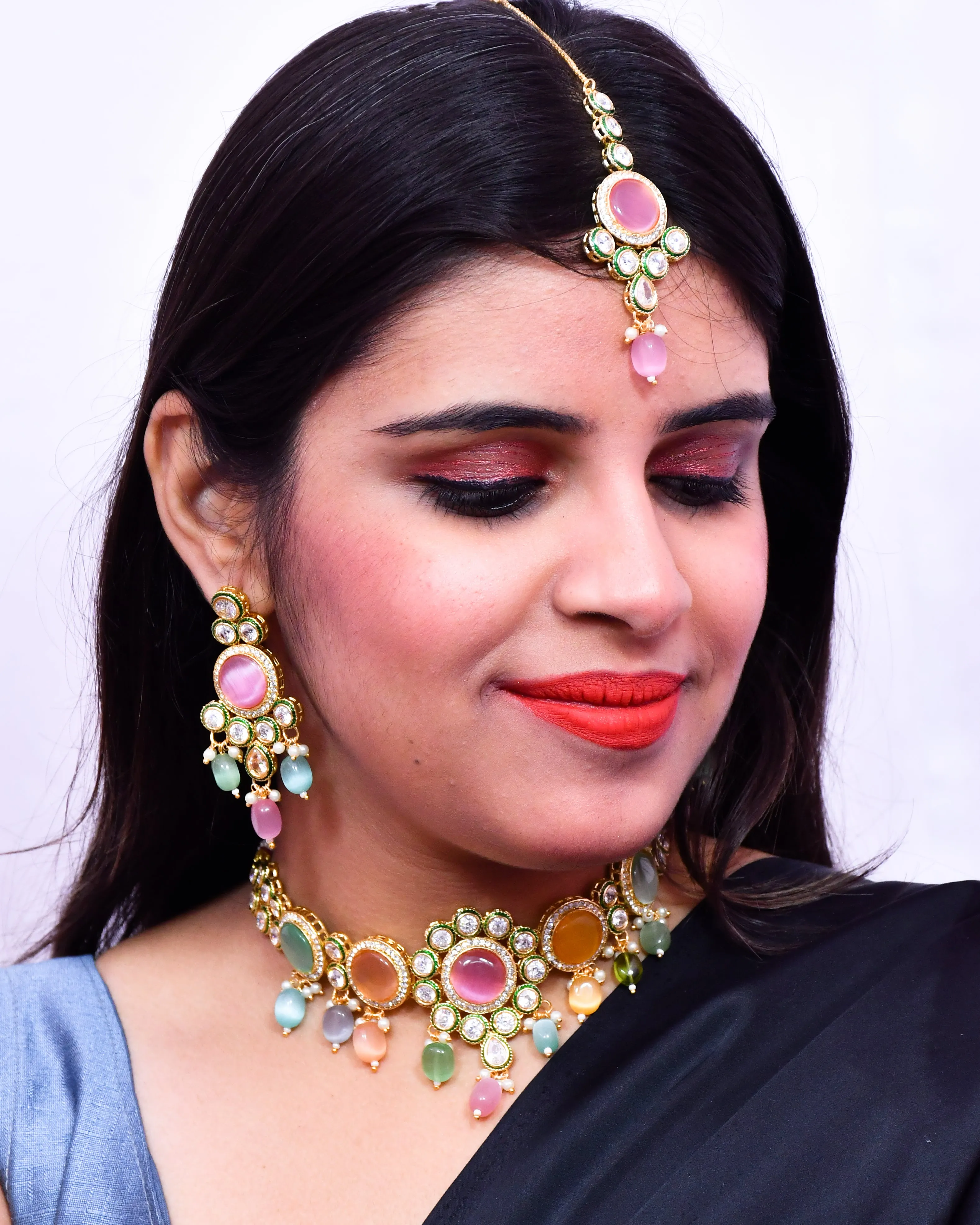 Designer Gold Plated Royal Kundan Multi Color Necklace & Earrings (D637)