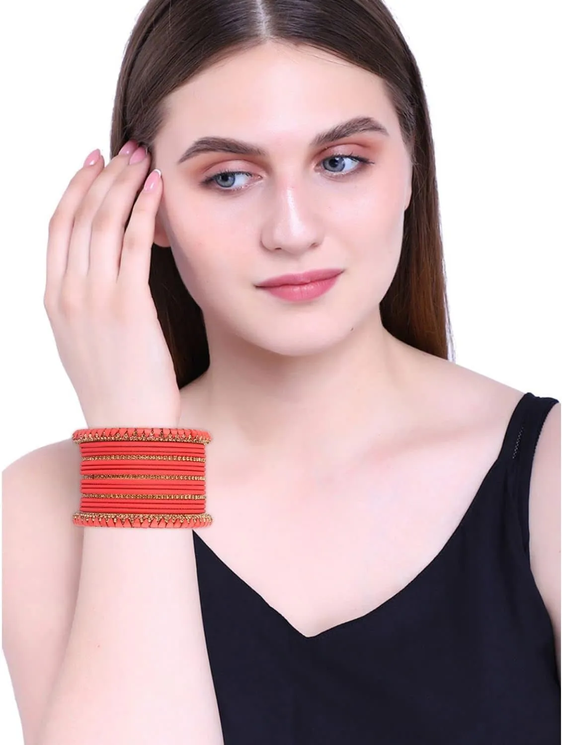 Efulgenz Women's Indian Bangles Set Crystal Rhinestone Bracelets with Plain Matte Finish Metal Bangles Bridal Bangle Set for Wedding Party Fashion Costume Accessories Bollywood Jewelry (34 Pcs)