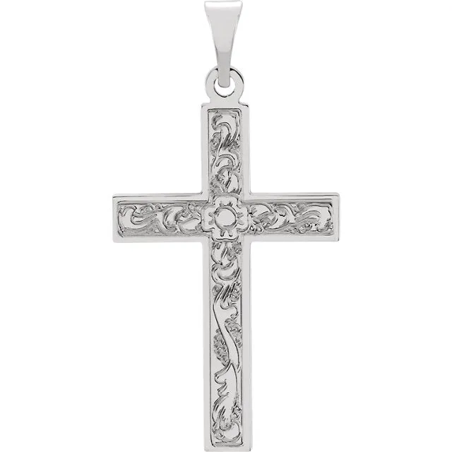 Flower Design Flowing Cross in Solid 14 Karat White Gold