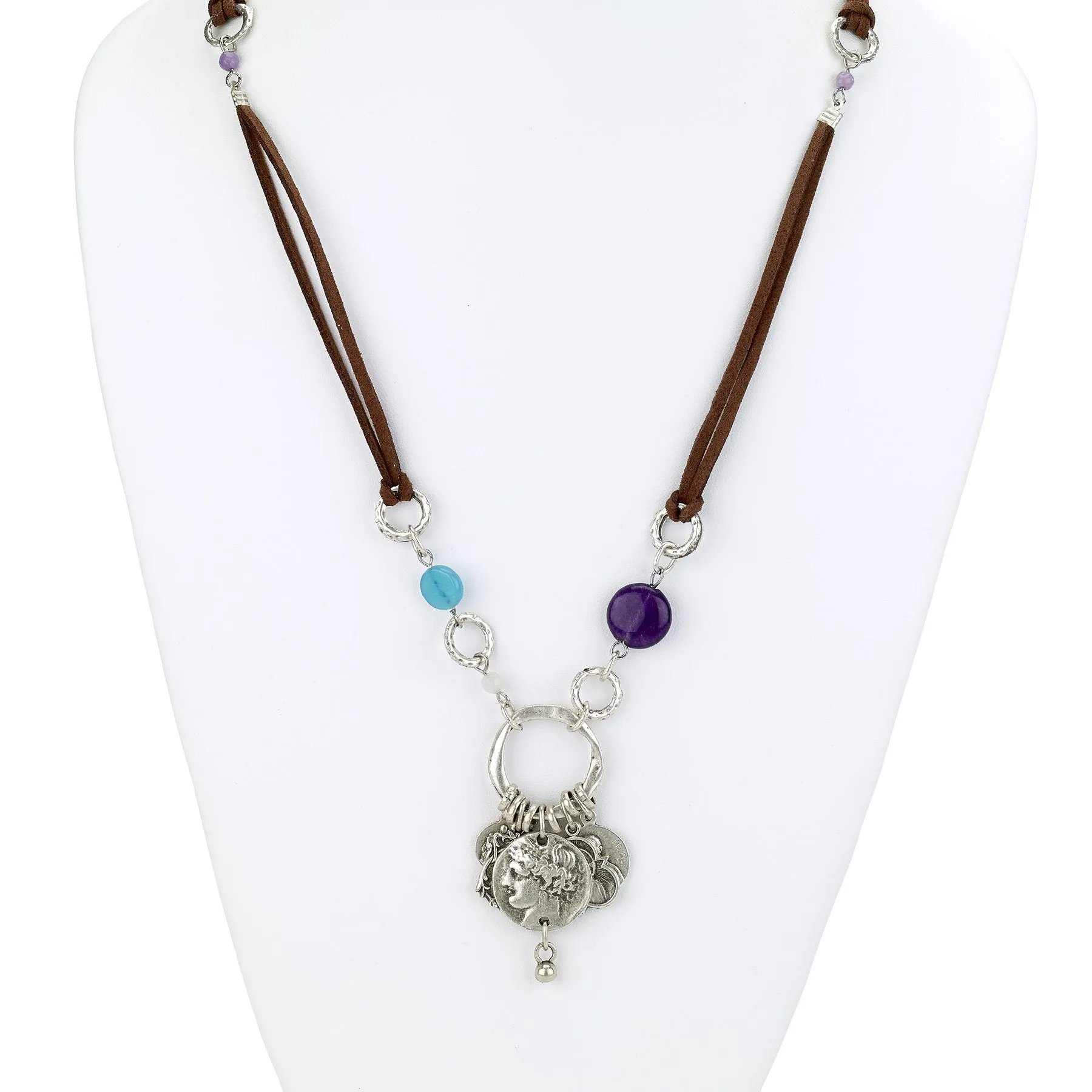 Greek Coin Charms Necklace on Suede