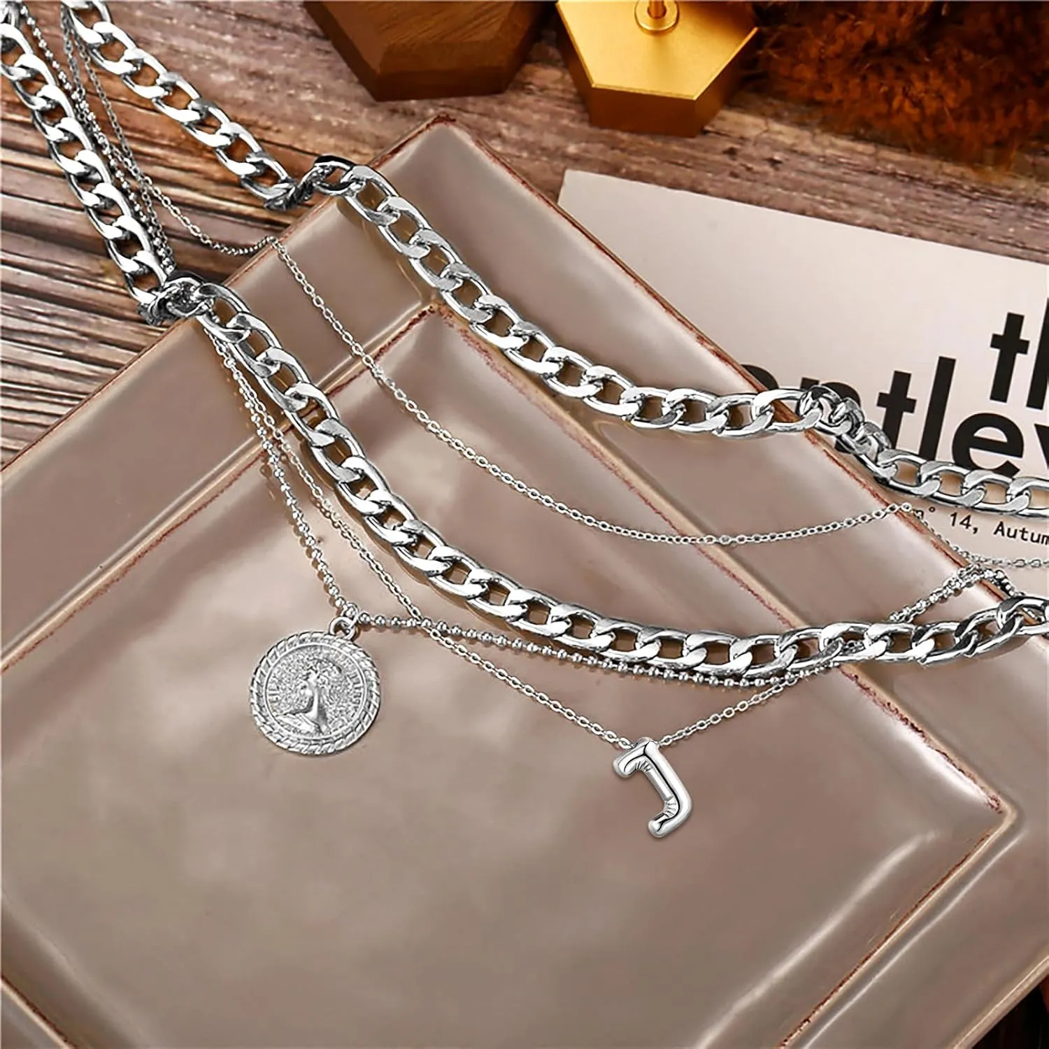 MJartoria Gold Layered Necklaces for Women Trendy Balloon Initial Pendant Necklace Dainty Chunky Chain Choker Necklaces Jewelry Birthday Gifts
