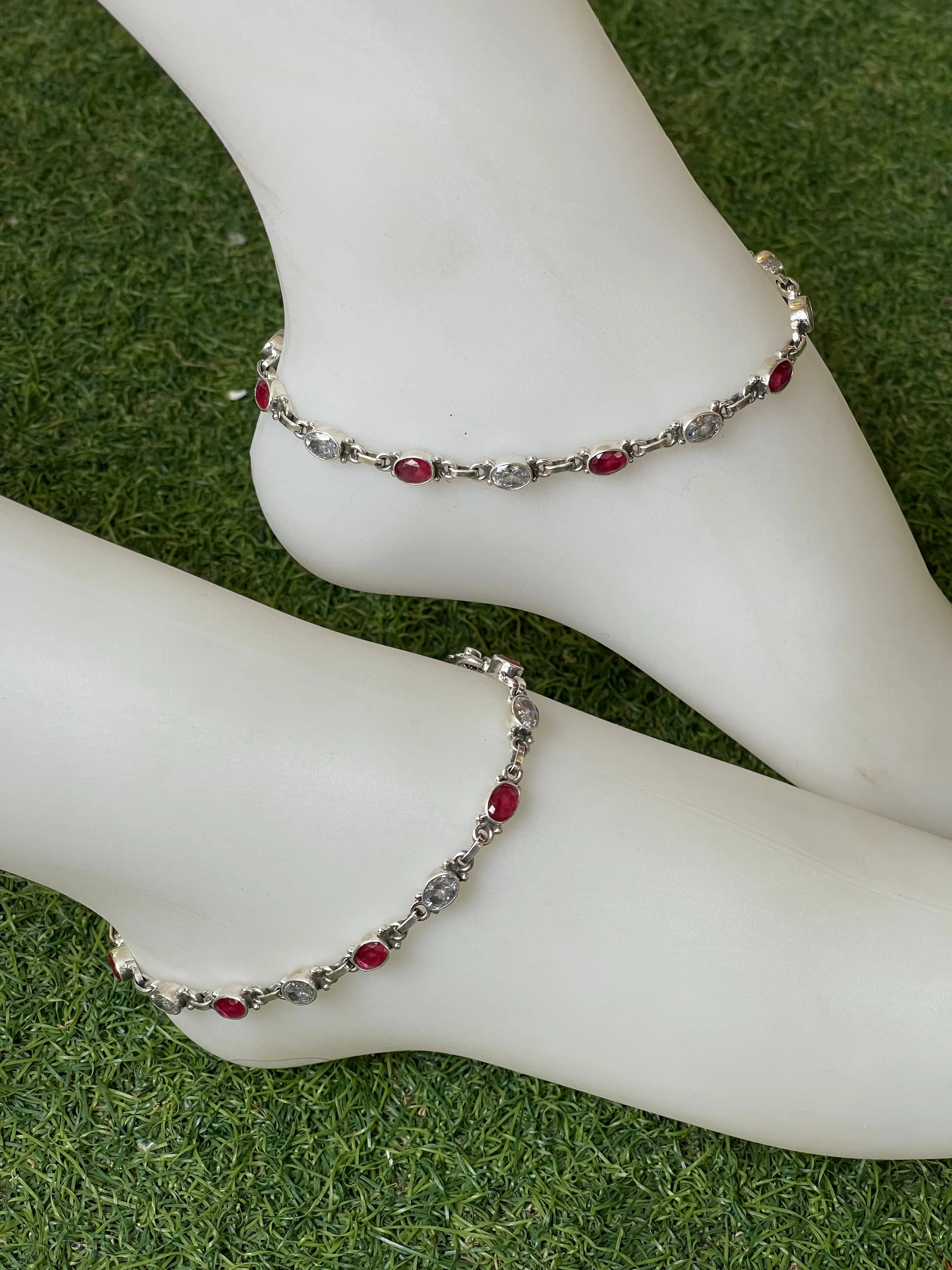 Pink and white oval stones 92.5 sterling silver anklets pair