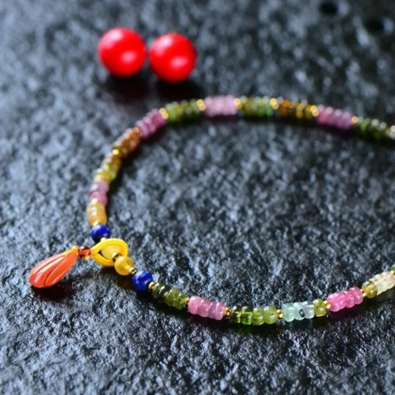 Rainbow Tourmaline Beaded S925 Anklet