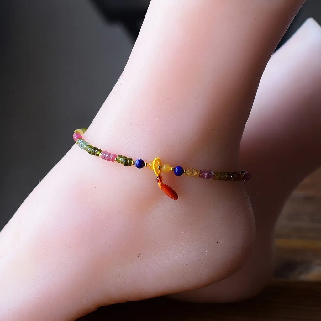 Rainbow Tourmaline Beaded S925 Anklet