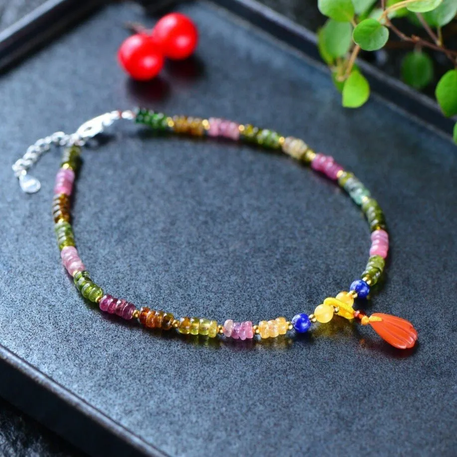 Rainbow Tourmaline Beaded S925 Anklet