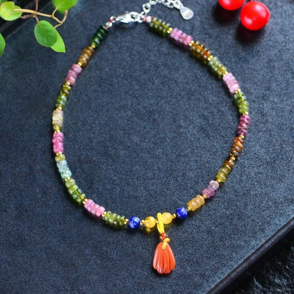 Rainbow Tourmaline Beaded S925 Anklet