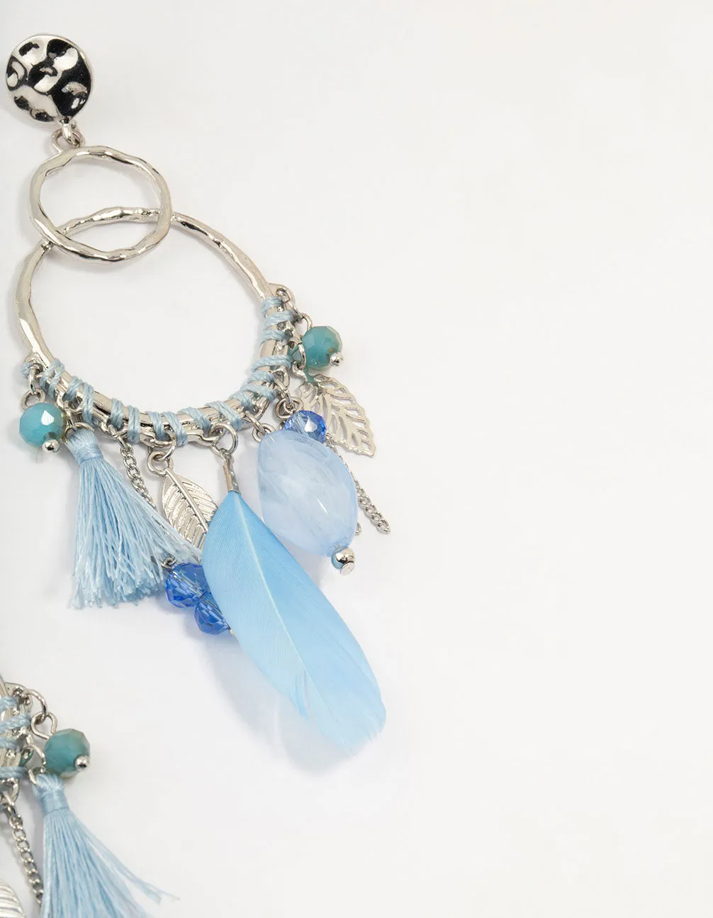 Silver Light Blue Feather Dream Catcher Drop Earrings