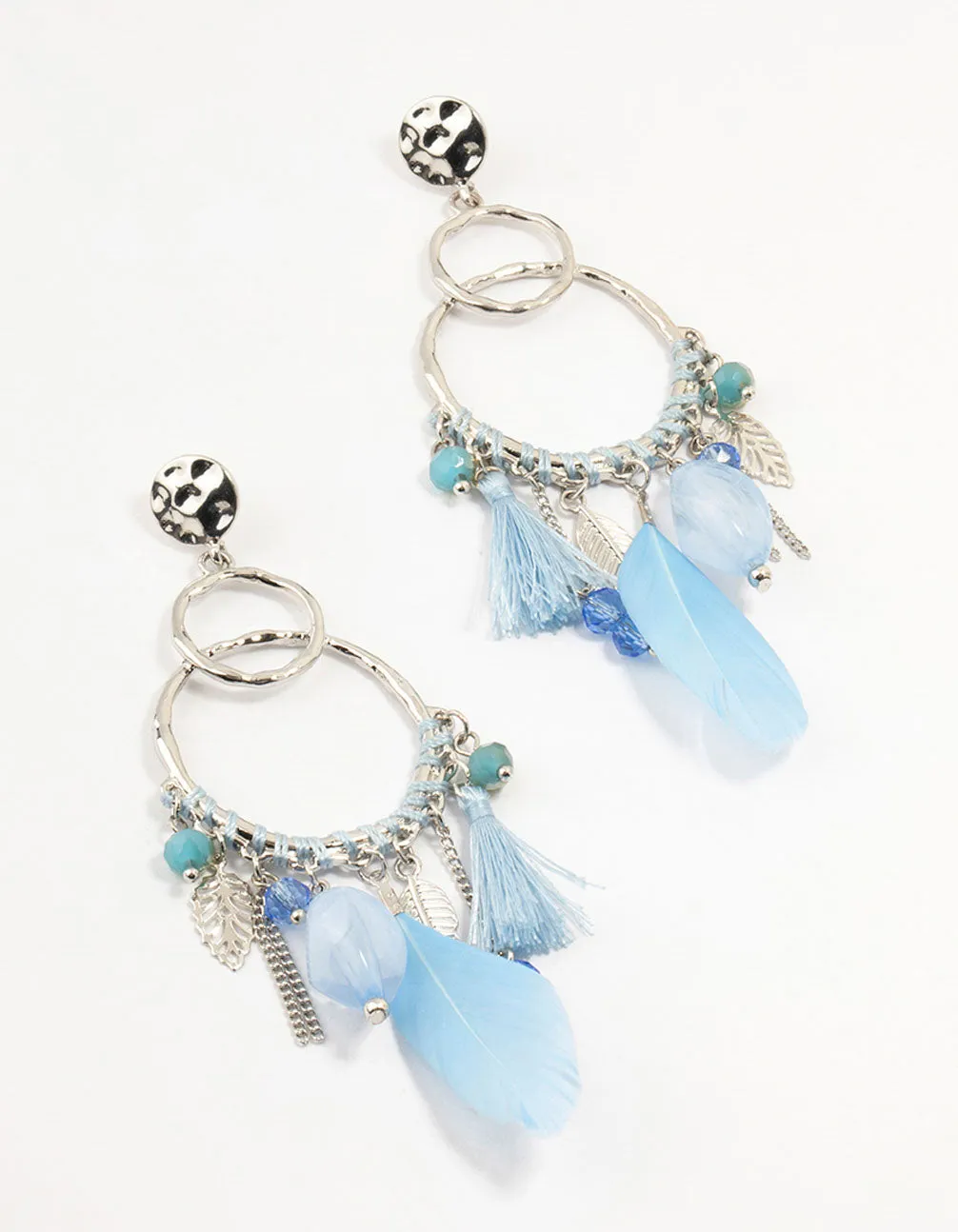 Silver Light Blue Feather Dream Catcher Drop Earrings