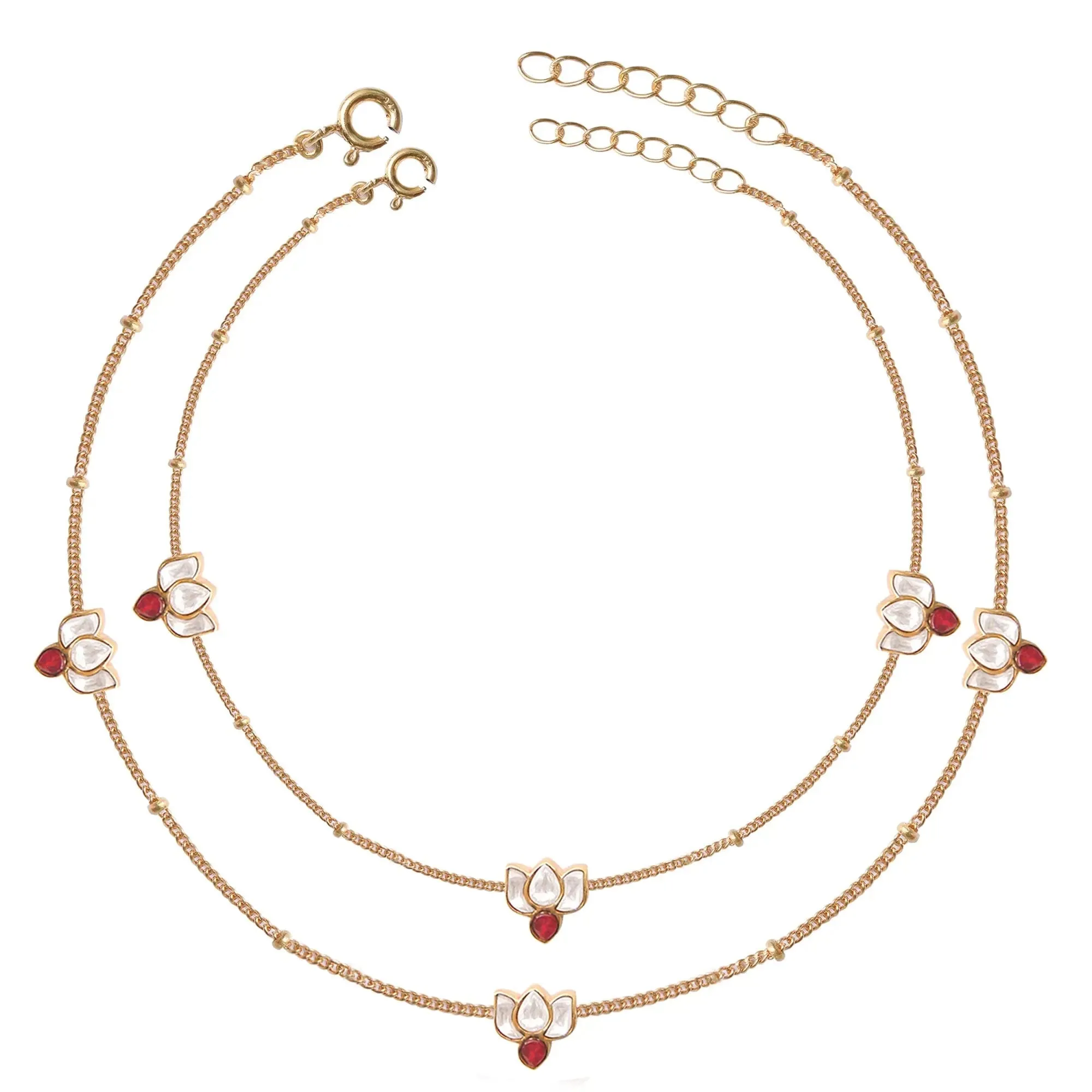 Silver Lotus Kundan 3 Motifs Anklet