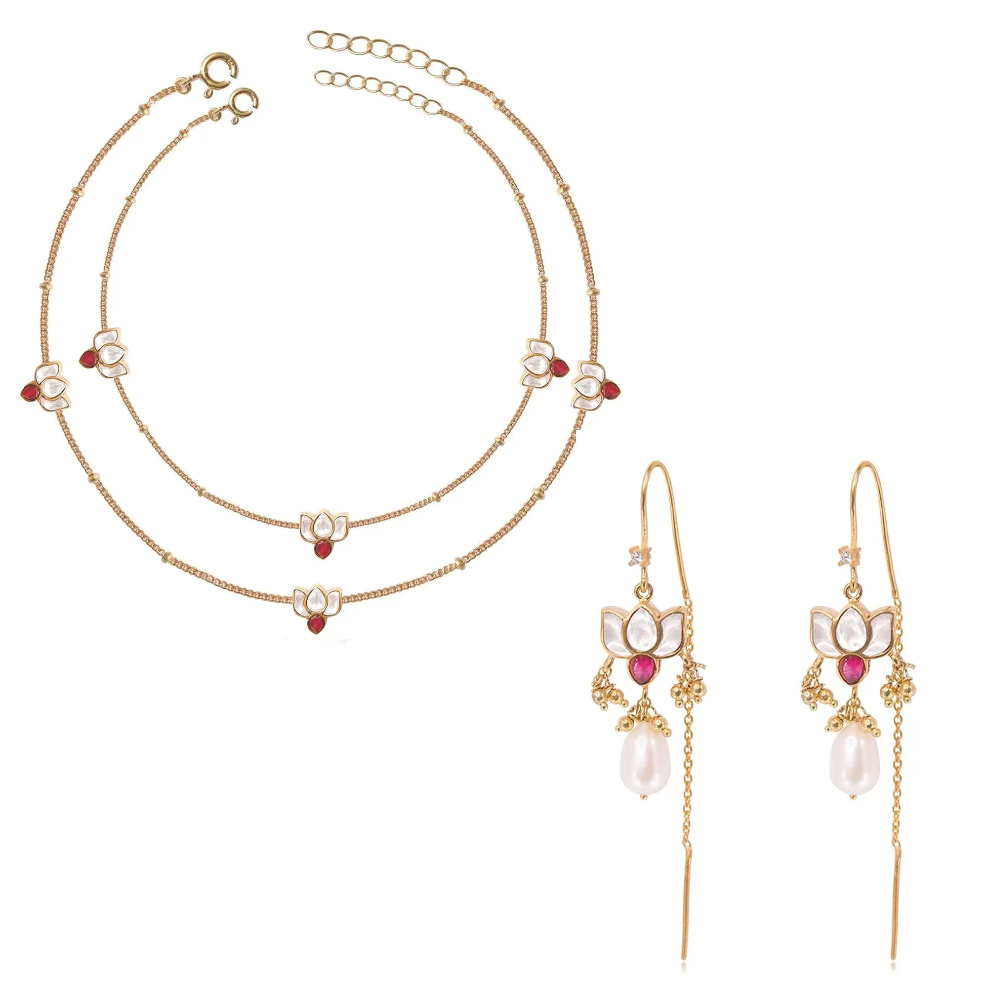 Silver Lotus Kundan 3 Motifs Anklet