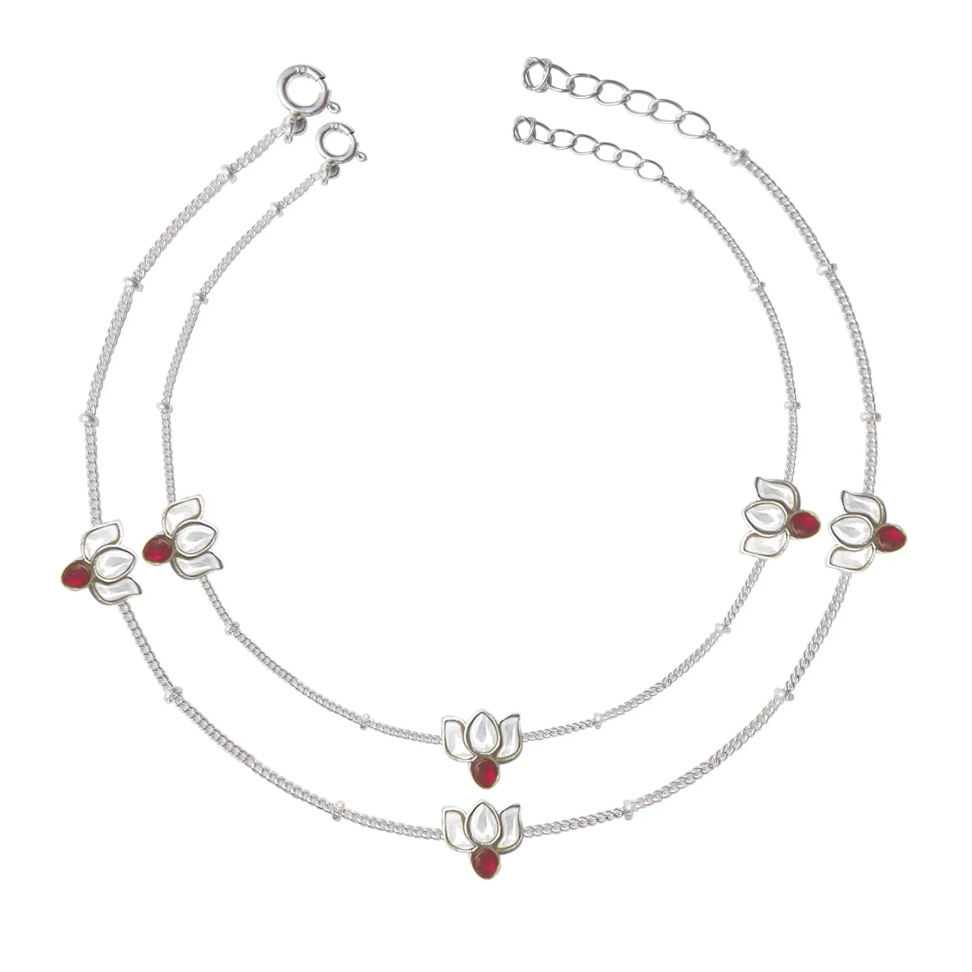Silver Lotus Kundan 3 Motifs Anklet