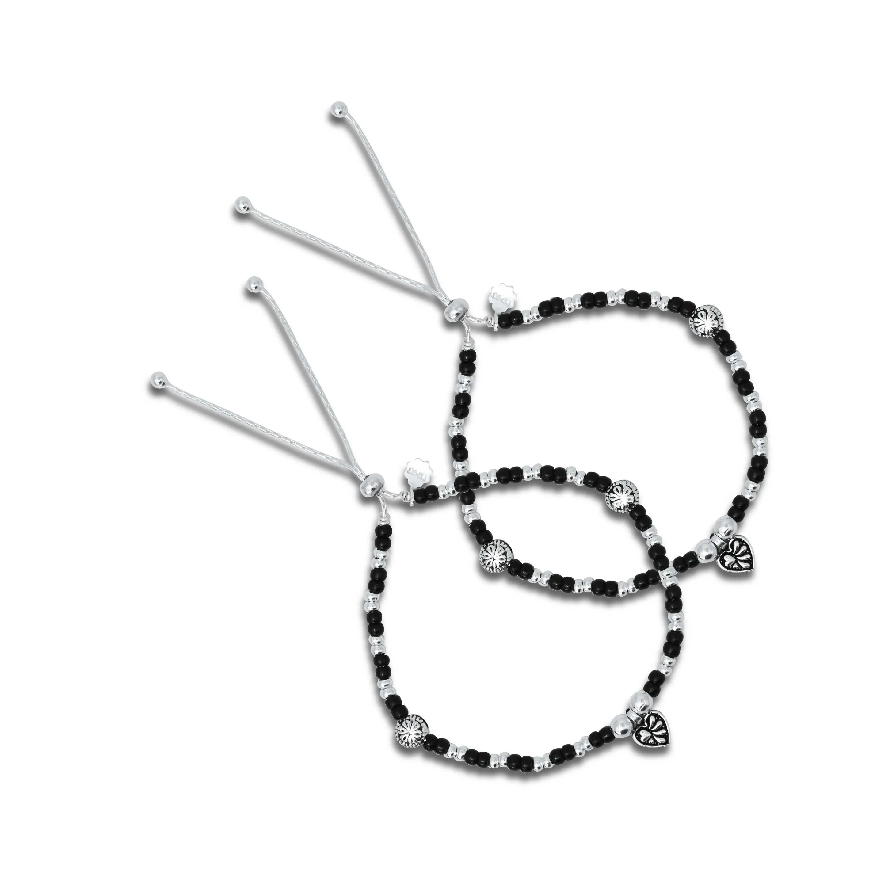 Sterling Silver and Black Beads with Plant Design Anklet for Girls