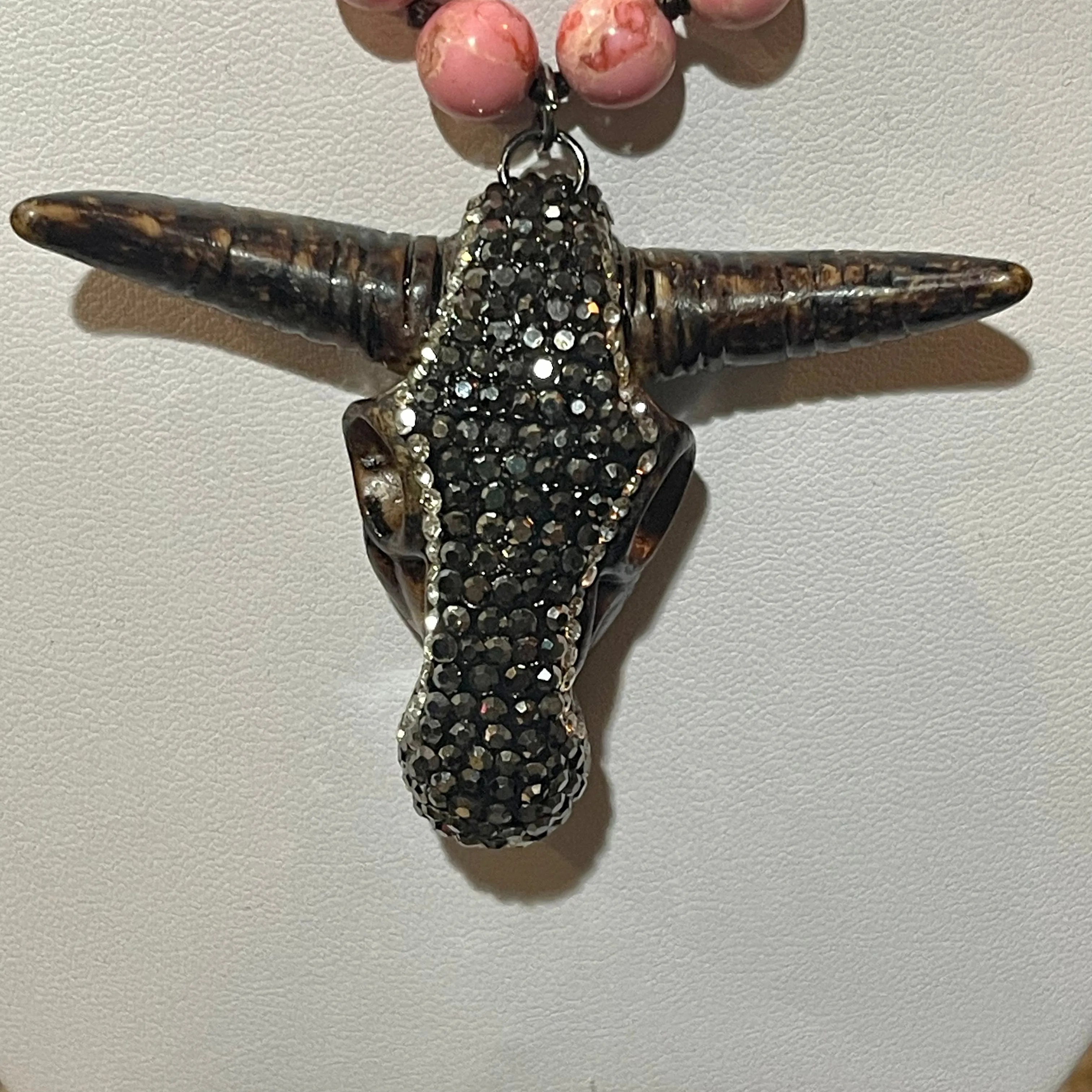 Stone Longhorn Cow Skull 30in Beaded Necklace