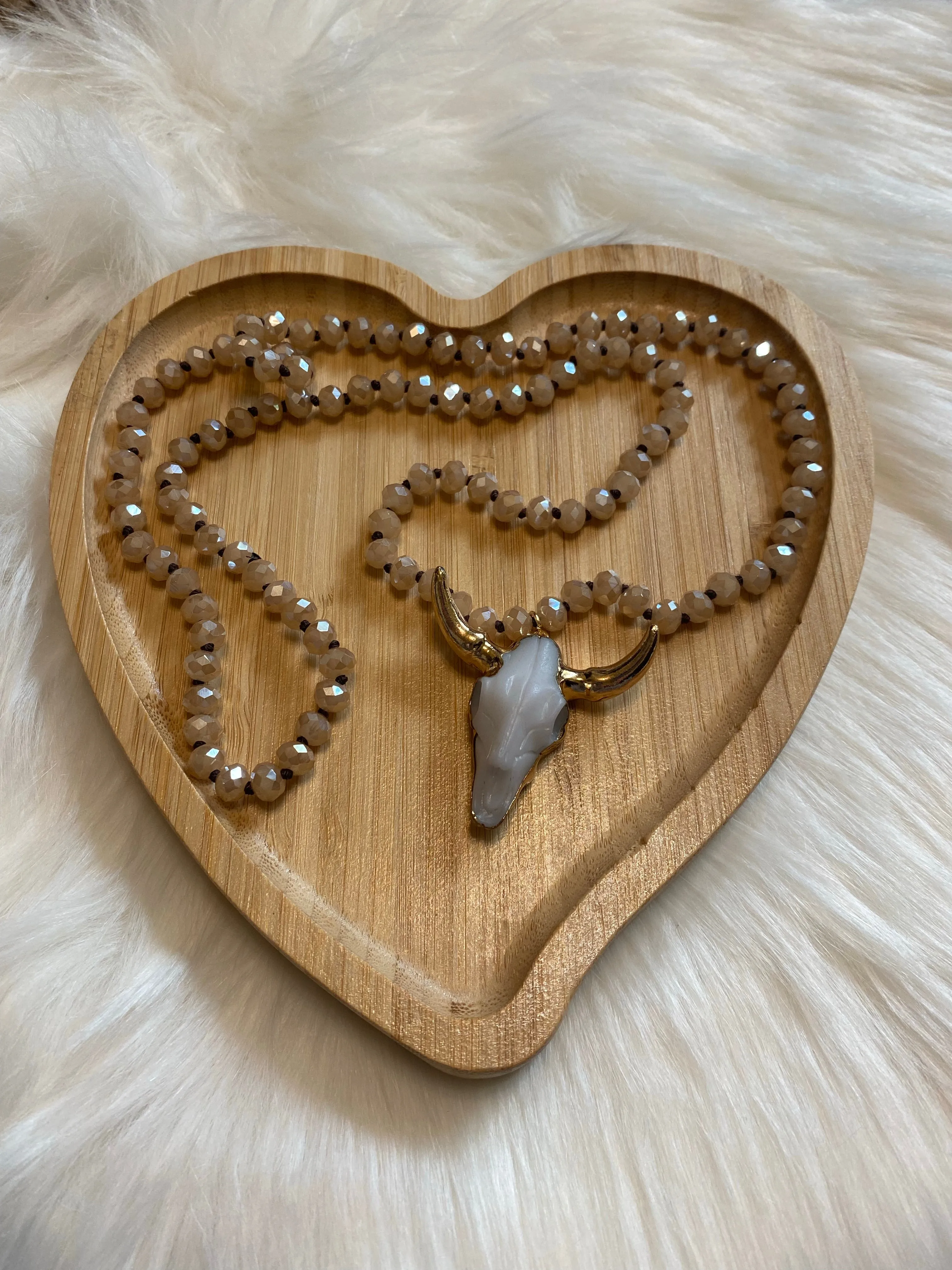 Stone Longhorn Cow Skull 30in Beaded Necklace