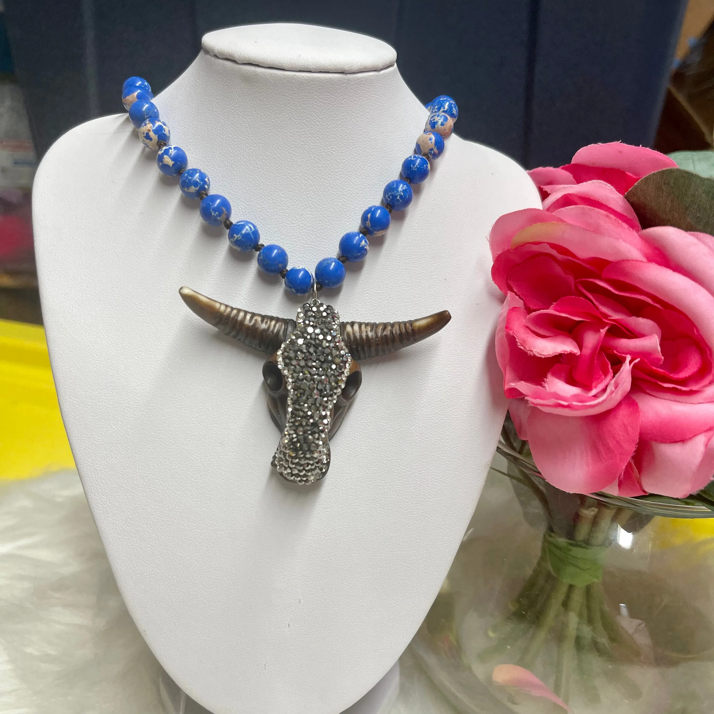 Stone Longhorn Cow Skull 30in Beaded Necklace