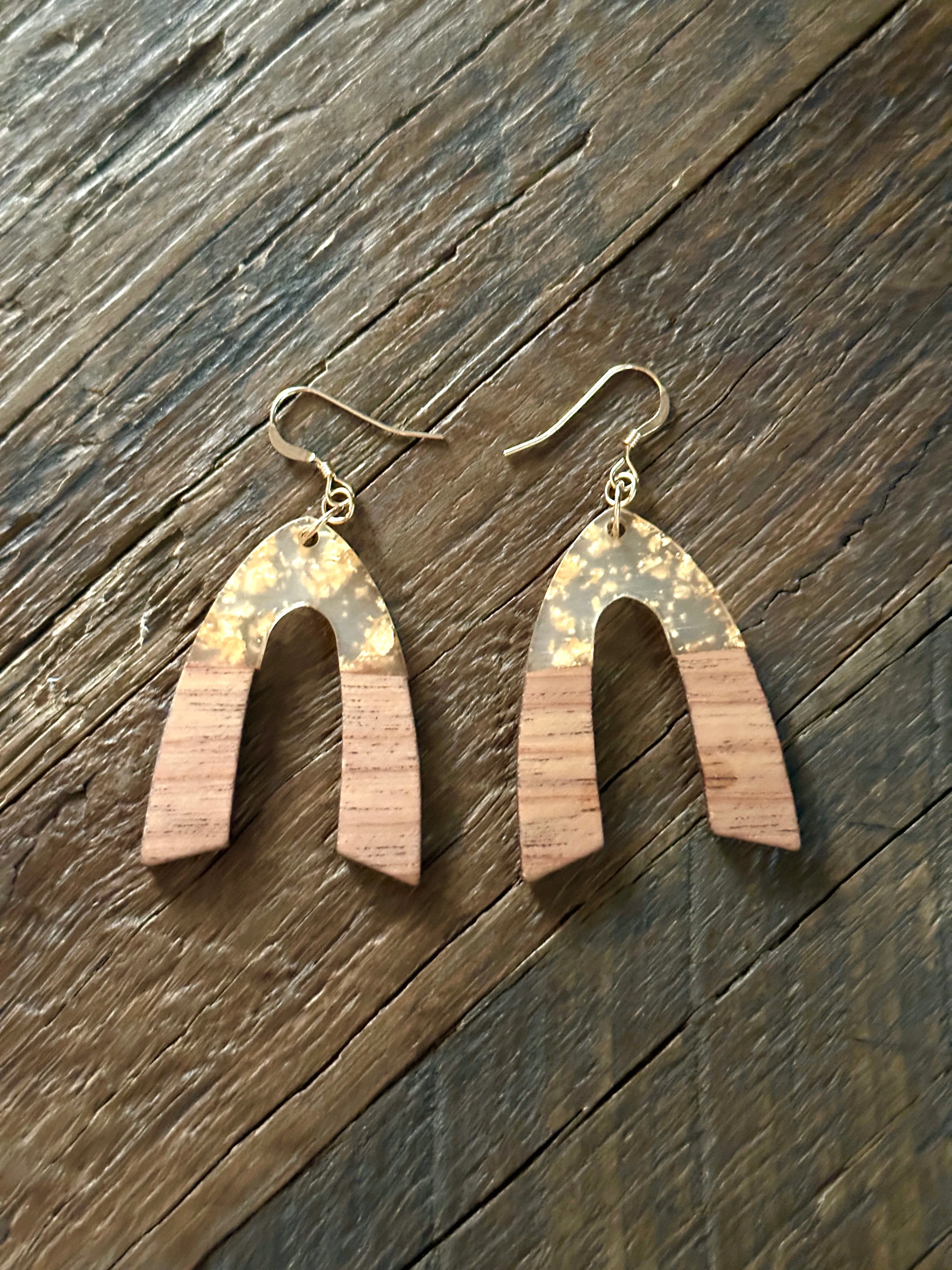 Wooden & Gold Foil Drop Earrings - Natural V